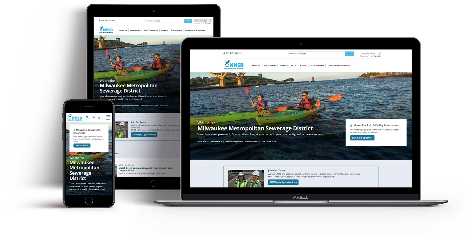 Milwaukee Metropolitan Sewerage District - homepage website design - desktop, tablet & mobile versions